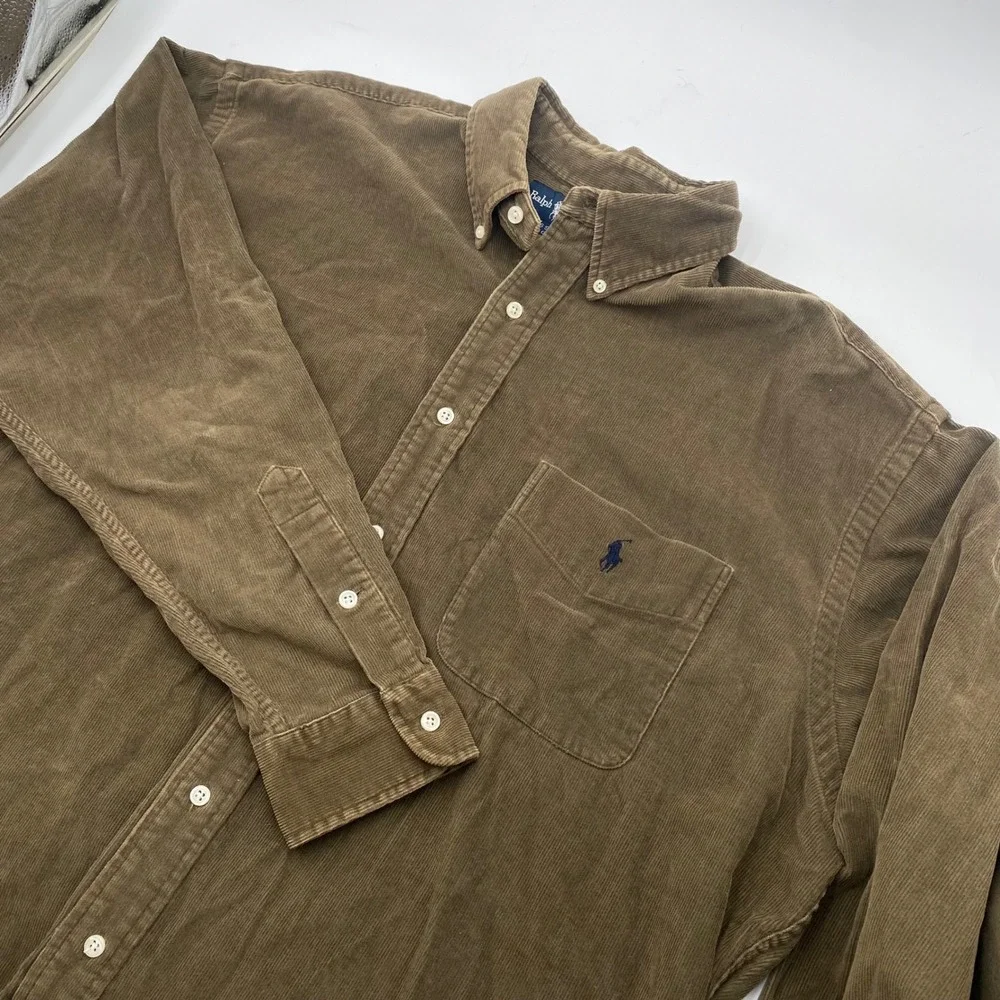 Ralph Lauren Big Shirt Corduroy Button Down Mens Large Brown Cotton L/S HOLE